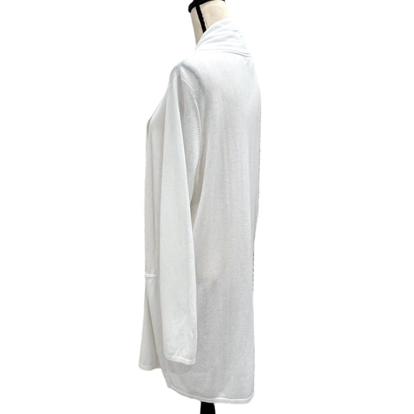 CALVIN KLEIN WHITE COTTON/RAYON LONG OPEN RIBBED SHAWL COLLAR CARDIGAN - Picture 4 of 16